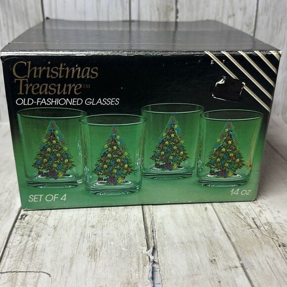 Vintage Christmas Treasure Old Fashioned Whiskey Glasses Set 4 NOS 1989 VTG - Picture 1 of 7